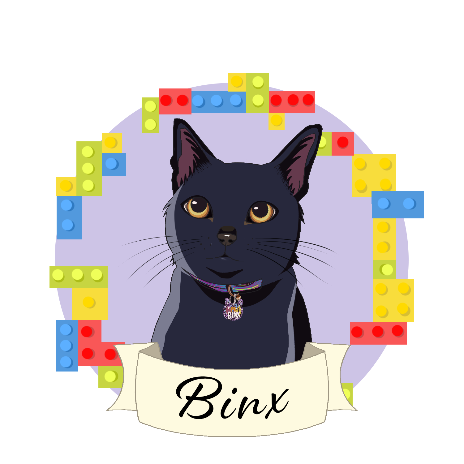 digital illustration of a black cat surrounded by legos