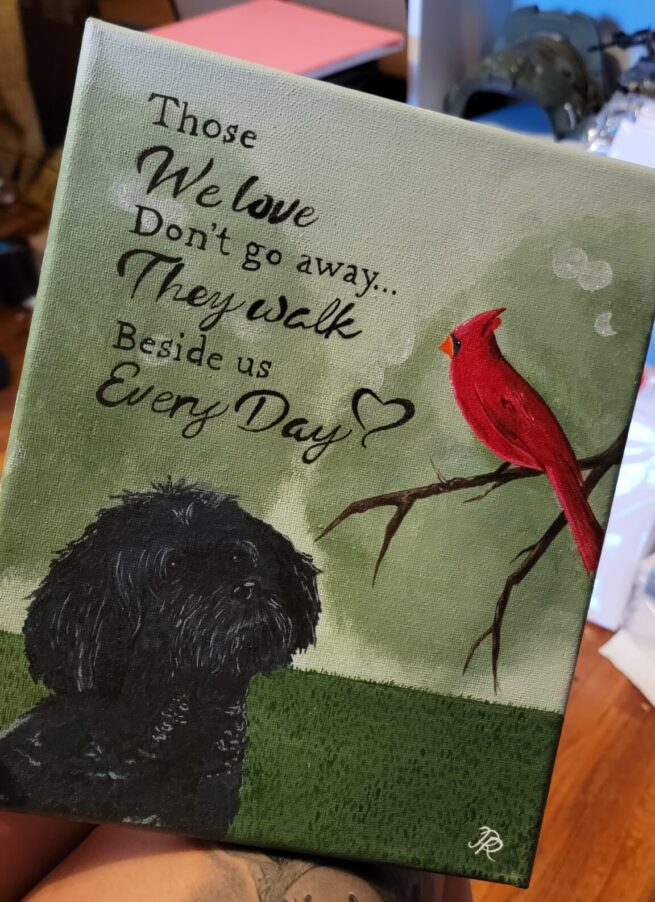 a painting of a black poodle and a cardinal on a green background