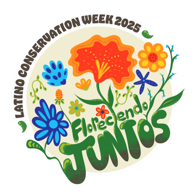 Illustrative, floral logo, with the words "floreciendo juntos"